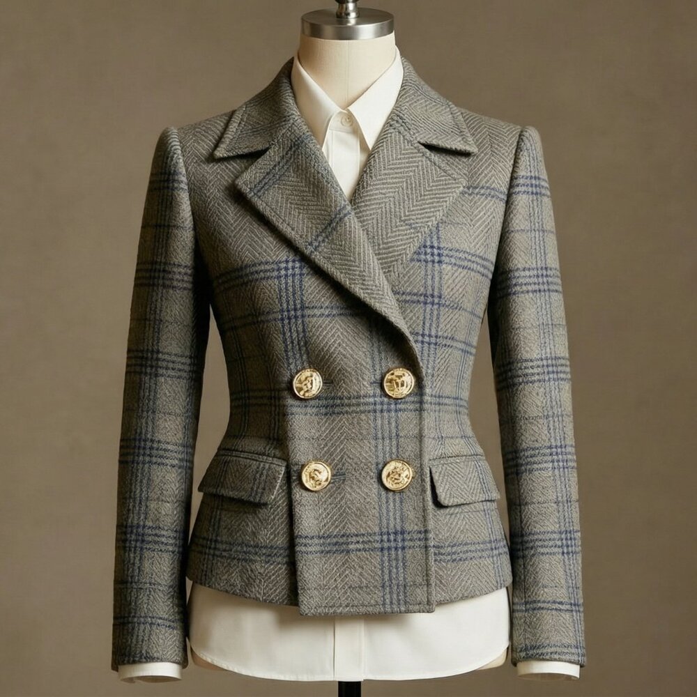 Plus Gray Plaid Double-Breasted Blazer | Gold Buttons, Lapel - Picture 5 of 6